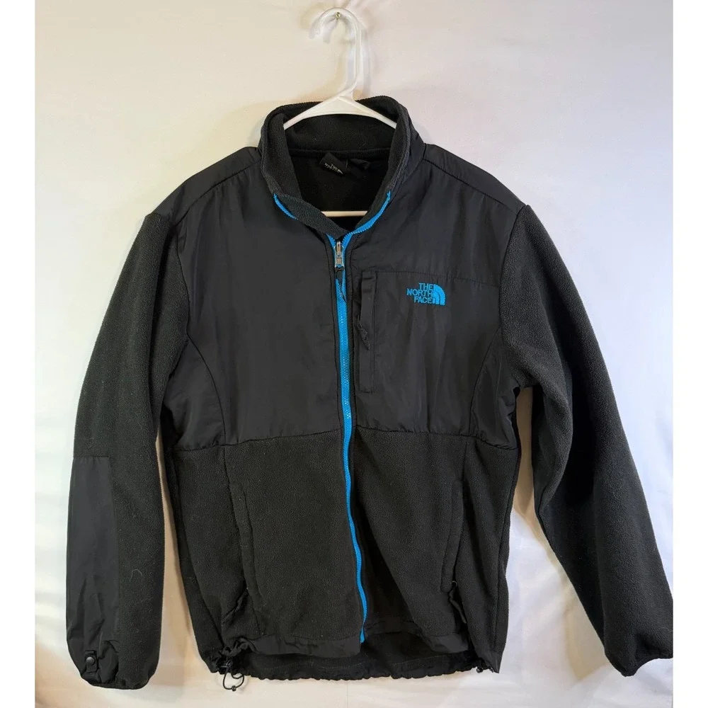 The North Face Women's Sz Large Denali Fleece Jacket Coat Black‎ Mint Trim